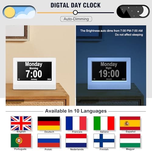 Horloge Numérique Calendrier, 7" Pouce LCD Auto Dimming 10 Langues avec Date Jour et Heure Horloge Non-Abrégée, Plusieurs Modes pour Vision Altérée Alzheimer Les Personnes âgées - Blanc