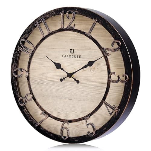 Lafocuse 30cm Horloge Murale Chiffres 3D Retro, Silencieuse Pendule Murale Rustique Vintage, Noir Shabby Chic Déco sans Tictac pour la Maison Salon Cuisine Chambre Bureau