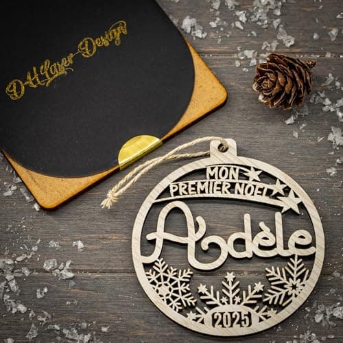 Boule de Noël Mon premier Noël, prénom et année personnalisable, Décoration en bois pour sapin, étui cadeau en option. Cadeau de Noël, naissance.