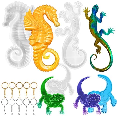 AFUNTA Lot de 4 moules en résine 3D en forme d'animal, moules en résine de silicone pour gecko, hippocampe, lézard, porte-clés en résine époxy avec 10 porte-clés, pour décoration murale, bureau
