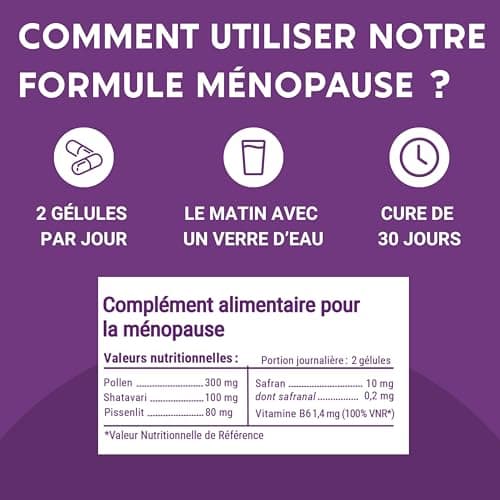 FORMULE MÉNOPAUSE | Bouffées de Chaleur, Fatigue et Équilibre émotionnel | Pollen, Shatavari, Pissenlit, Safran et Vitamine B6 | 60 Gélules | Fabriqué en France