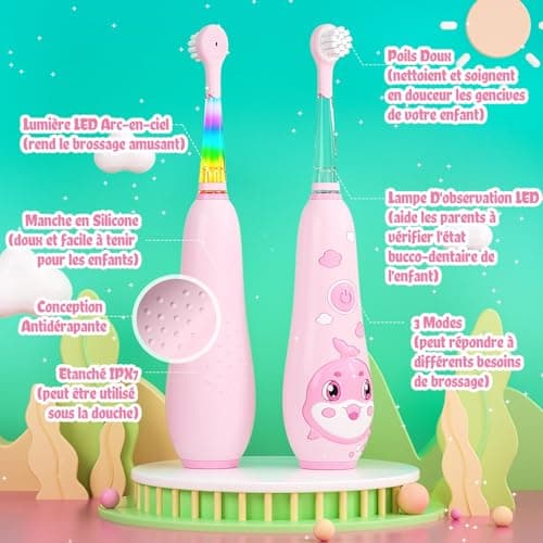 seago recharge brosse a dent enfant, brosse a dent electrique enfant de 2 ans à 6 ans, brosse a dent bebe avec lumière LED 8 têtes, minuteur et vibrations (rosa)