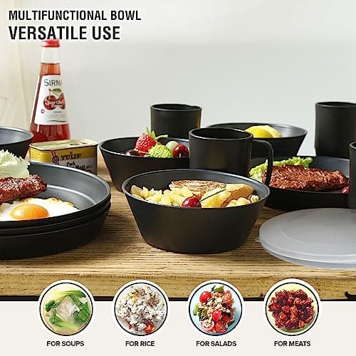 Greentainer Lot de 6 Grands Bols avec Couvercles 750 ml - Bols Alimentaires Incassables pour Salade, Soupe, Céréales - Micro-ondes & Lave-vaisselle - Noir