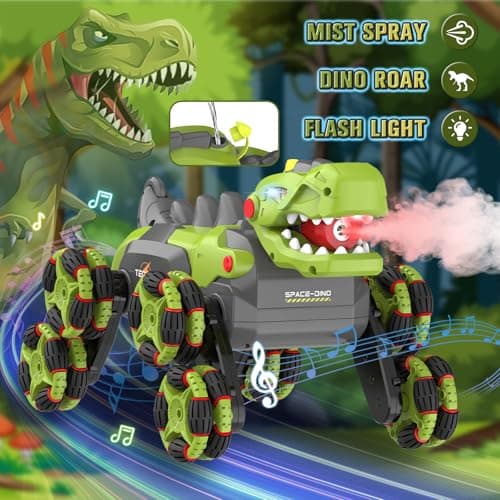 Kssvzz Dinosaur Voiture Télécommandée 3 4 5 6 7 8 9 Ans, 8WD 2.4GHz Monster Truck Telecommande avec Rotation à 360°/Pulvérisation/Lumière, Jouet Enfant Garçon Jouet 3-12 Ans Voiture Enfant, Vert