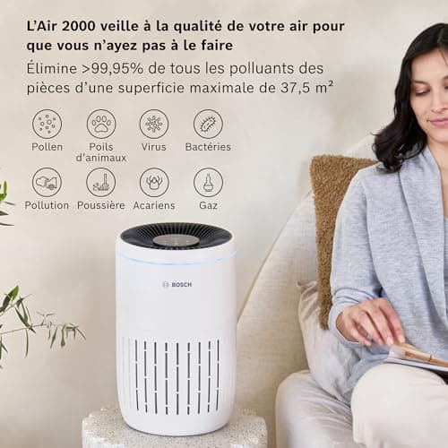 Bosch Air 2000 Purificateur d'Air jusqu'à 37,5 m2 - élimine efficacement la Pollution grâce au filtre HEPA, au Capteur intelligent, au Mode Veille