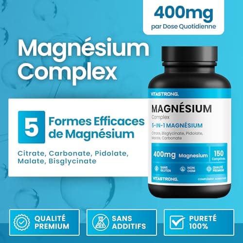 MAGNESIUM COMPLEX 400mg - 5 en 1 Magnésium - Magnesium Bisglycinate + Magnésium Citrate + Magnésium Pidolate + Malate et Carbonate – Complément Antistress au Magnésium
