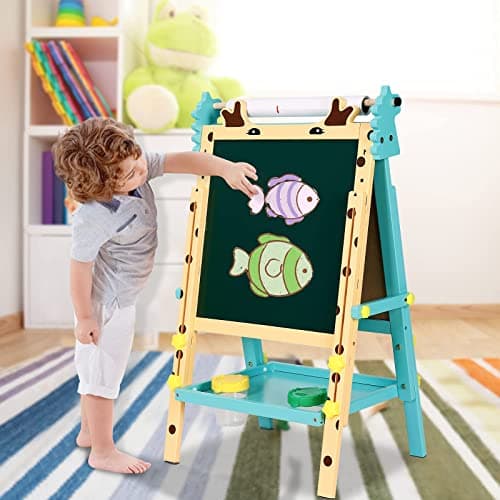 3 en 1 Tableau Enfant Double Face en Bois Avec Rouleau de Papier,Chevalet Magnétique à Hauteur Réglable,Plateau et Autres Accessoires pour Enfants de 2 à 8 Ans