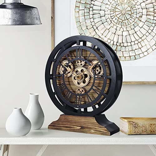 Lafocuse Pendule de Bureau avec Engrenages Mobiles, Bois Industrielle Vintage Steampunk Noire, Transformable en Horloge Murale, Retro Chiffres Romains pour Etagère Table Salon Bar 29cm