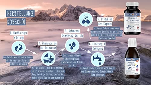 NORSAN Premium Omega 3 Huile de foie de morue de l'Arctique 200ml / 2000mg d' oméga-3 par dose journalière/huile de poisson 480mg EPA & 720mg DHA/oméga 3 huile issue de la pêche durable