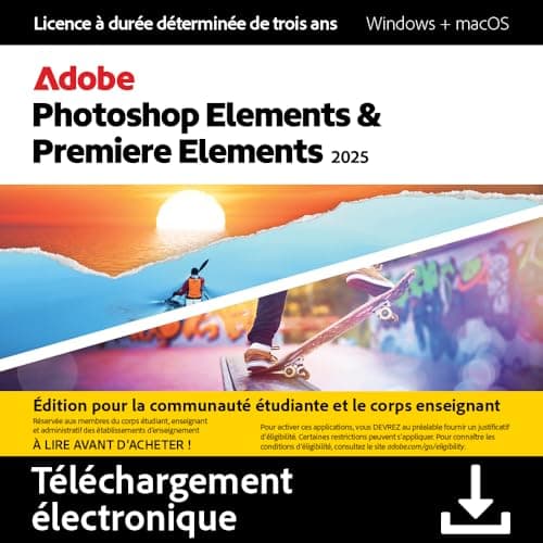 Adobe Photoshop 2025 & Premiere Elements 2025 │Student & Teacher Edition │ Licence 3 ans │ 1 appareil │1 Usager│PC/Mac│Téléchargement