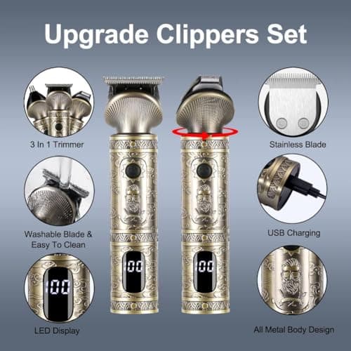Hatteker Professional Hommes Tondeuse à Cheveux et T-blade Tondeuse Set, Tondeuse à Cheveux Rechargeable Sans Fil Tondeuse à Barbe Nez Tondeuse à Barbe Multifonction Kit De Beauté Affichage LED (OR)