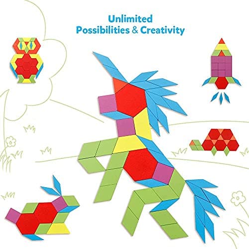 KanCai Puzzle en Bois Jouets 155 Piècess Tangrams Blocs de Modèle Classiques Jouets Montessori Jouets éducatifs avec 24 Cartes de Conception pour Enfant