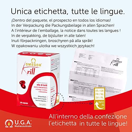 Omegor Krill - Complément alimentaire avec phospholipides, choline, Oméga-3 et astaxanthine à haute biodisponibilité - 260 mg d'EPA et DHA - Sans arrière-goût - Facile à avaler - 60 capsules