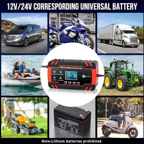 Husgw Chargeur de batterie 12V/24V 8A,chargeur intelligent doté de multiples fonctions de protection, de maintenance et de réparation automatiques,adapté aux voitures,camions,AGM,Gel et SLA (8-100 AH)