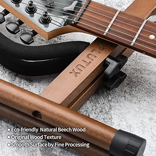 PlutuX Support de Guitare en Bois | Stand A Pliable Universel pour Guitare Acoustique | Electrique | Classique | Basse et Ukulélé | Porte Guitare Portable Support en Bois Dur Naturel Marron Foncé