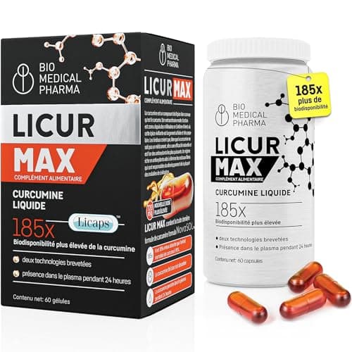 Curcumine Micellaire – Biodisponibilité 185x plus élevée – NovaSOL Liquid Curcumin – 1 gélule végétalienne par jour – équivaut à 6 600 mg d'extrait de curcuma – Licur Max (60 Capsules)