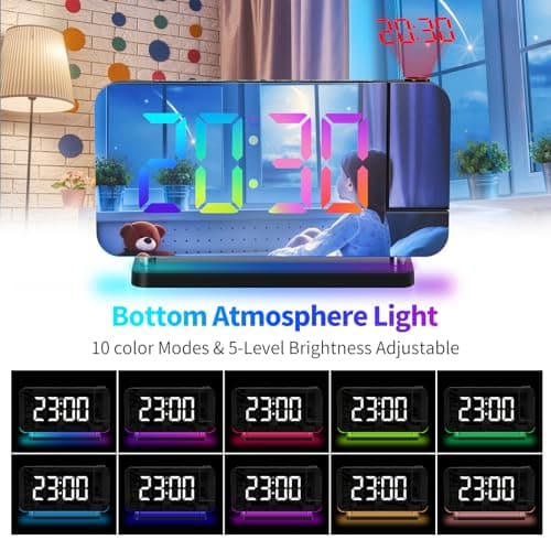 ThreeH Réveil Arc-en-Ciel Numérique Réveil à Projection Grand écran LED Miroir Veilleuse Colorée Double Ports Charge USB Fonction Snooze Dimming Volume Ajustable Noir