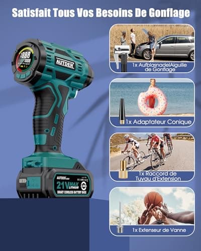 AUTDER Compresseur d'air Portable, Gonfleur de pneus sans Fil 180 PSI avec Deux Sources d'alimentation, Batterie 21V / 12V DC, Manomètre numérique, Arrêt Automatique (Bleu)