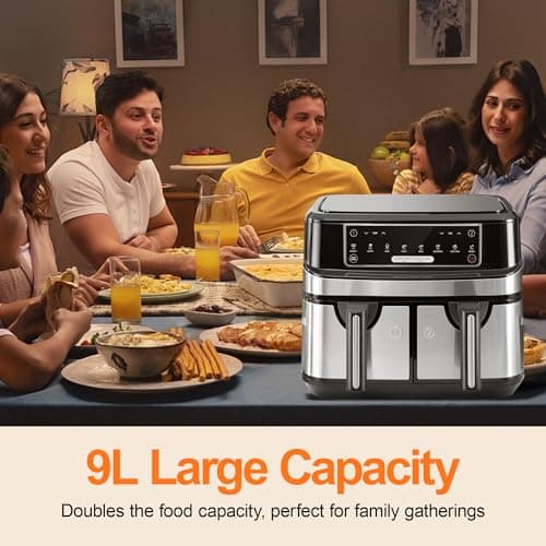 Air Fryer avec Double Compartiment, Emphsism Friteuse Sans Huile 9L Avec 8 Programmes 2600W, Friteuse à Air Chaud, Fonctions Match Cook & Smart Finish, Friteuse Electrique avec LED Écran Tactile