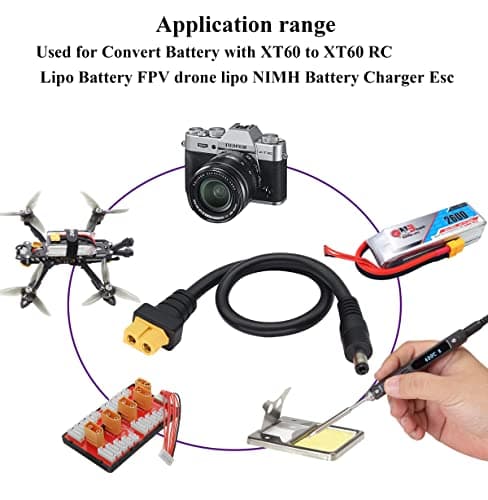 Câble DC 5,5×2,5mm vers XT60 Connecteur Femelle XT60 Bullet vers DC 5,5×2,5mm Câble D'alimentation Mâle pour fer à Souder TS100,Alimentation D'affichage FPV,Drone(DC 2.5mm-M/30cm-2Pack)