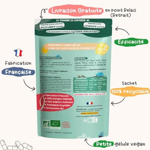 Vitamine D Bio Naturelle et Végétale, Vitamine D3 biologique à base de Lichen | 1000 UI (500% des AJR) | 60 gélules (1 à 2 mois) | Premium & Vegan | Pour Hommes et Femmes | Extraits de Lichen bio
