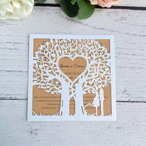 MillaSaw Carte de mariage romantique invitation faire-part arbre d'amour cartes découpées au laser 20 sets (blanc)