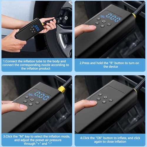 150PSI Gonfleur Pneus Voiture, 6000mAh Compresseur à Air Portatif avec 4 Accessoires Buccaux et Lumière LED pour Voiture Moto Bicyclette Boule