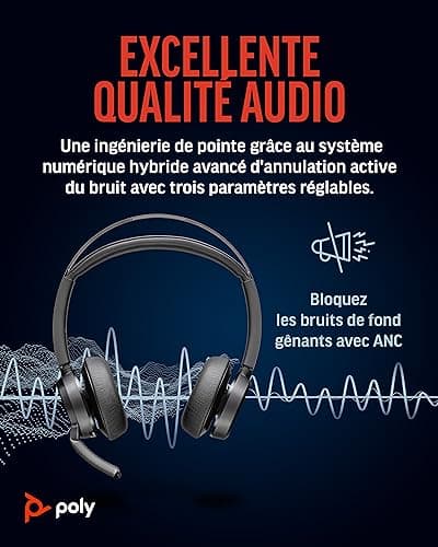 Micro-casque sans fil Poly Voyager Focus 2 UC avec microphone et socle de chargement - Annulation active du bruit (ANC), Connexion à un PC/Téléphone portable via Bluetooth, avec Teams (certifié), Zoom