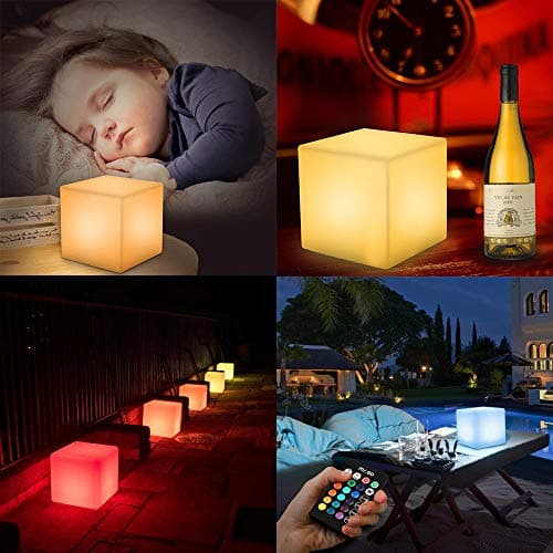 Mr.Go 8" LED Cube Lumineux Couleur Changeante Lampe d'ambiance avec 16 RGB Couleurs, Luminosité Variable, 4 Modes d'éclairage pour Intérieure Extérieure Décor, Rechargeable Veilleuse avec Télécommande
