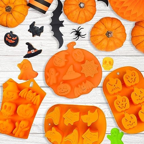 MARUKO Halloween Moule à Chocolat, 4 Pièces Halloween Moule Silicone, Moule Gateau Silicone Citrouille/Crâne/Sorcière/Fantôme en Forme de pour Chocolat, Bonbon, Gelée DIY Moisissure Decorations