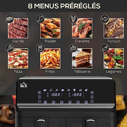 HOMCOM Friteuse à air sans huile air fryer double compartiment 8 L - 2500 W - 8 programmes, écran LED, température réglable, minuterie - noir