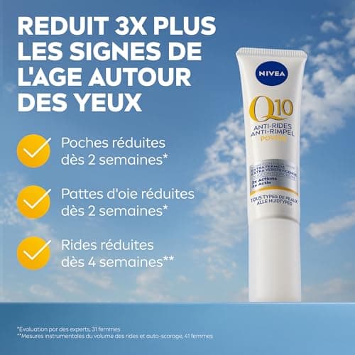 NIVEA Q10 Power Soin Contour des Yeux (1x15 ml), crème anti rides yeux enrichie en Q10 pur & Acide Hyaluronique, crème anti-âge anti-cernes booster de collagène, crème hydratante tous types de peaux