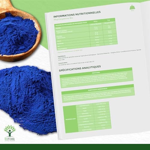 Spiruline Bleue Bio - Bioptimal - En Poudre - 30% Phycocyanine Blue 80% Protéines - Colorant Alimentaire Bleu Intense - Cuisine Recette - Contrôlé et Conditionné en France - Certifié Par Ecocert - 50g