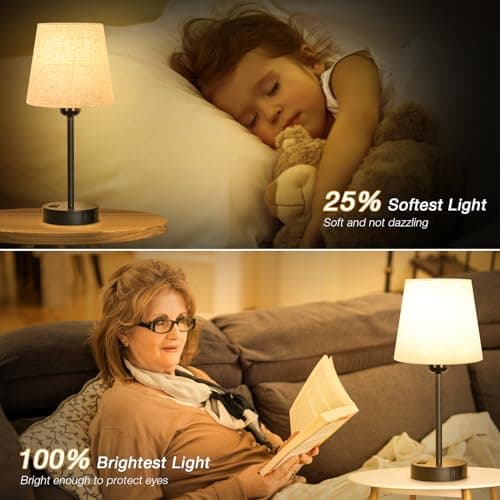 Kakanuo Lampe de Chevet Tactile avec Ports USB-A+C+Prise CA, Lampes de Table Lot de 2, Intensité Variable 3 Voies, Abat-jour en Lin, Lampes pour Chambre Salon D'enfant Bureau (Ampoules Incluse)