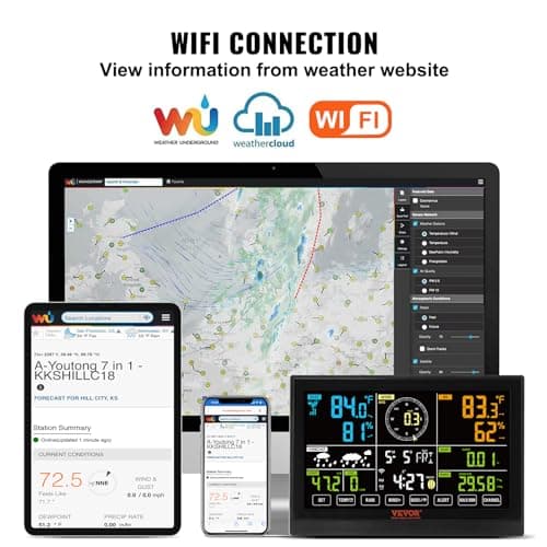 VEVOR Station Météo WiFi 7 en 1 Station Météo sans Fil Intérieur Extérieur Solaire Grand Écran Couleur 7,5 po Station Météo Numérique Capteur pour Température Humidité Vitesse Direction de Vent Pluie