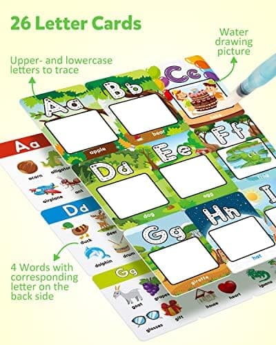 Coogam Cartes de coloriage à l'eau de l'alphabet, Cartes Flash Aqua Painting Doddle, Dessin de 26 Lettres, Mots ABC, Jouet d'apprentissage éducatif Cadeau pour Les Tout-Petits de 3 4 5 Ans