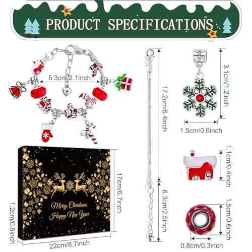 Calendrier de l'avent Bijoux,2024 Calendrier de l'Avent Enfant Fille Noël Kit de Bijoux Bracelet DIY avec 24 Noël Ornements Compte à Rebours de Noël Cadeaux de Noël pour Fille