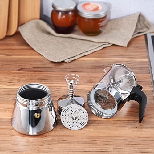 GRÄWE Cafetière à expresso en acier inoxydable avec verseuse en verre, compatible induction et tous types de feux, passe au lave-vaisselle, 4 tasses, 160 ml