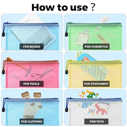 Pochette Document Zippée A4,Pochette Zippée 5 Couleurs PVC Transparentes Document Dossier,Pochette Fermeture,Mesh Zipper Pouch pour Voyage,pour Bureau,Voyage, Fournitures(10Pcs)