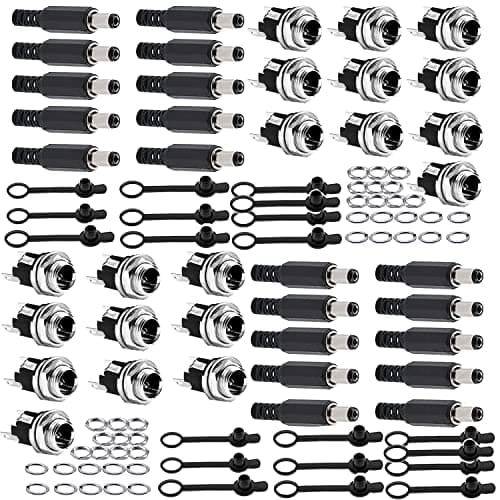 RUNCCI-YUN 100Pcs 5,5 mm x 2.1 mm/ 5,5 mm x 2.1 mm DC Connecteur Alimentation 12V souder KIT,Prise Jack Mâle + Douilles Femelle, avec Capuchon en Caoutchouc, pour Audio/Vidéo/Téléphone/CCTV