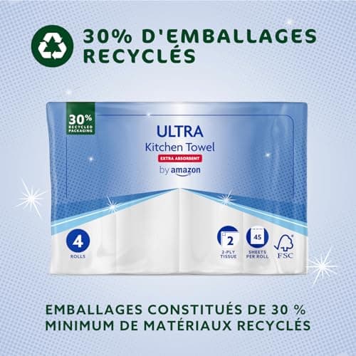 by Amazon Essuie-tout ULTRA, Extra Absorbant, 4 Rouleaux (1 Paquet de 4), 45 Feuilles par Rouleau, Essore et Réutilise, Certifié FSC