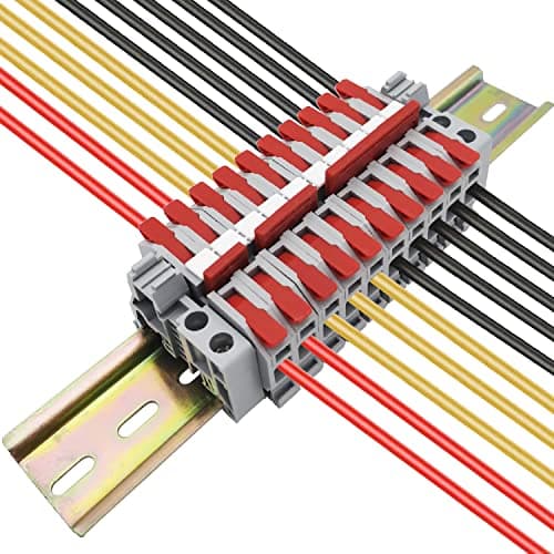 Bornier Electrique, CTRICALVER Kit de Bornier de Rail DIN, 10 pcs Bornier (rouge), Avec Bande de Repérage, Bande de Connexion (2/3/4/5 Pin) et Module Fixe