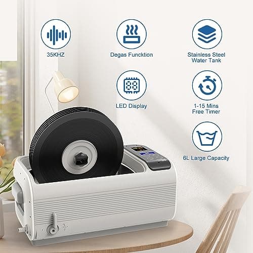 LifeBasis 6L Nettoyeur Ultrasons pour Vinyles 300W Ultrasonic Record Cleaner avec 0-15 Min Minuterie Réglable et Chauffage pour Disque Vinyle Circuits Imprimés Équipement de Laboratoire