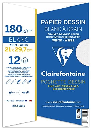 Clairefontaine 196155AMZC - Lot de 2 - Pochette Dessin Scolaire - 12 Feuilles Papier Dessin Blanc à Grain - A4 21x29,7 cm 180g - Idéal pour les Arts Plastiques
