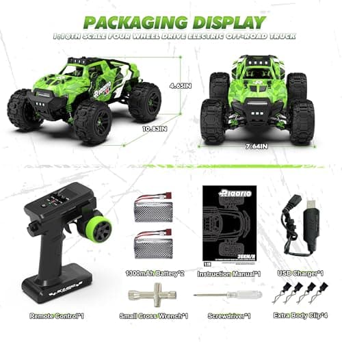 RIAARIO Voiture tout-terrain 1:18, véhicule tout-terrain électrique, 4WD, camion RC étanche 4X4 avec 2 batteries rechargeables