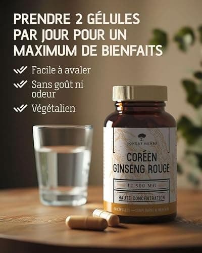 Ginseng Rouge de Corée Panax - Extra Fort 12 500 mg - 60 Gélules - Extrait de Racine de Ginseng avec 20% de Ginsénosides - Vegan