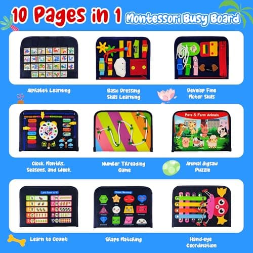 TenFans Busy Board - Jouet Montessori pour 1 2 3 4 Ans - Jouets sensoriels - Cadeaux pour garçons pour Apprendre la motricité Fine - Activités éducatives - Jouet de Voyage pour Voiture et Avion
