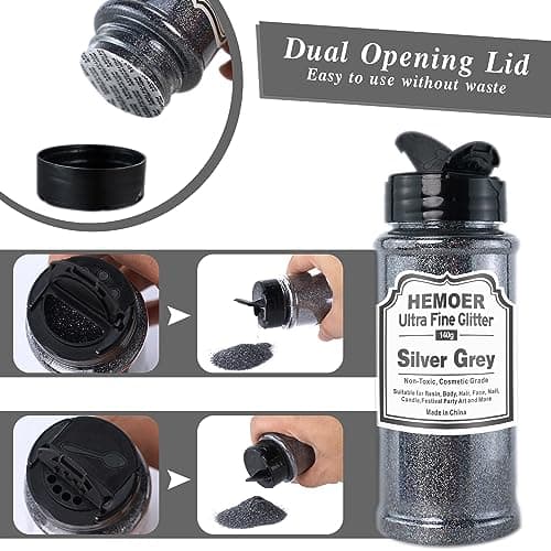 Gris Argenté Paillettes Ultra Fines, 140g en Résine Paillettes Métallique pour époxy, Gobelets, Bougies, Arts de la Peinture, Cheveux, Visage, Corps, Yeux, Nail art, Festival