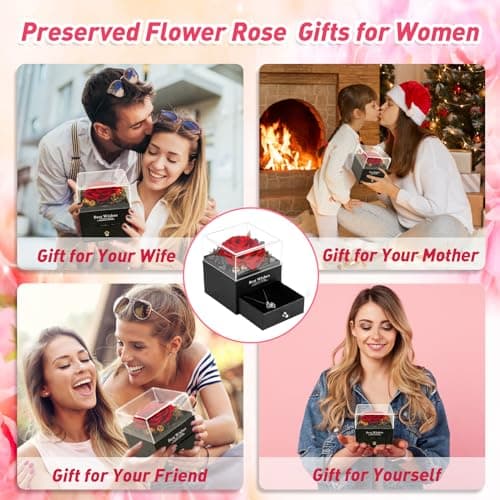 Daover Rose Eternelle avec Collier, Vraie Rose Préservée avec Collier en Forme Coeur, Collier Femme boîte de Roses, Idee Cadeau Femme Original Utile pour Anniversaire Maman, Noel, Saint Valentin