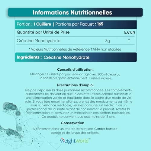 Créatine Monohydrate en Poudre 500g - Créatine Monohydrate Micronisée 165 Portions